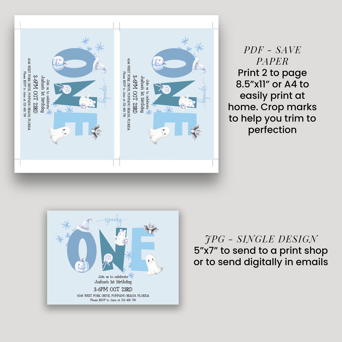 a collection of three different designs for a baby shower invitation. The designs include a large blue number one, a smaller blue and white one, and a single design featuring a blue cat and a white snowflake. The designs are intended to be used for sending invitations to guests for a baby shower event.