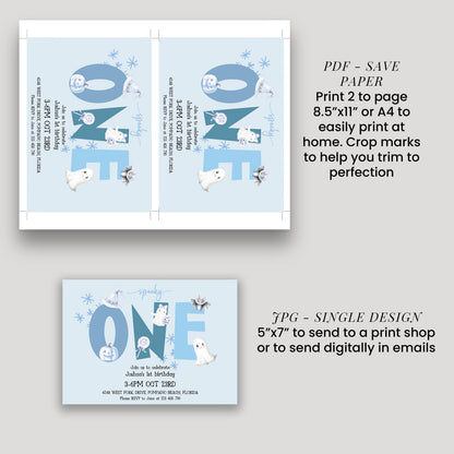 a collection of three different designs for a baby shower invitation. The designs include a large blue number one, a smaller blue and white one, and a single design featuring a blue cat and a white snowflake. The designs are intended to be used for sending invitations to guests for a baby shower event.