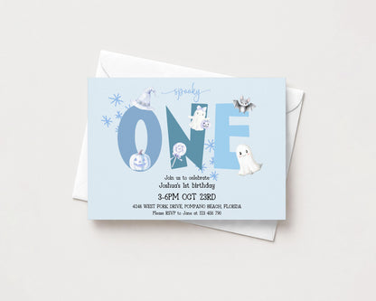 The image is a birthday invitation for a one-year-old, celebrating Joshua's first birthday. The invitation is set against a light blue background and features various Halloween-themed illustrations, including a bat, ghost, and pumpkin.