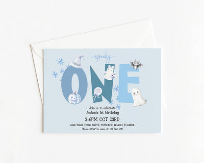 The image is a birthday invitation for a one-year-old, featuring a spooky theme with various Halloween-themed elements such as bats, pumpkins, and ghostly figures.