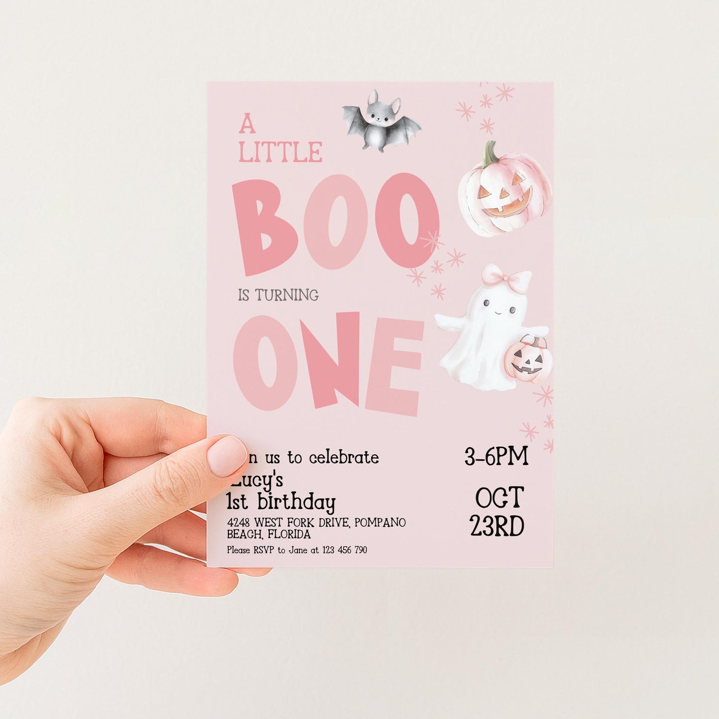The image is a pink birthday invitation for a little girl's first birthday celebration.
