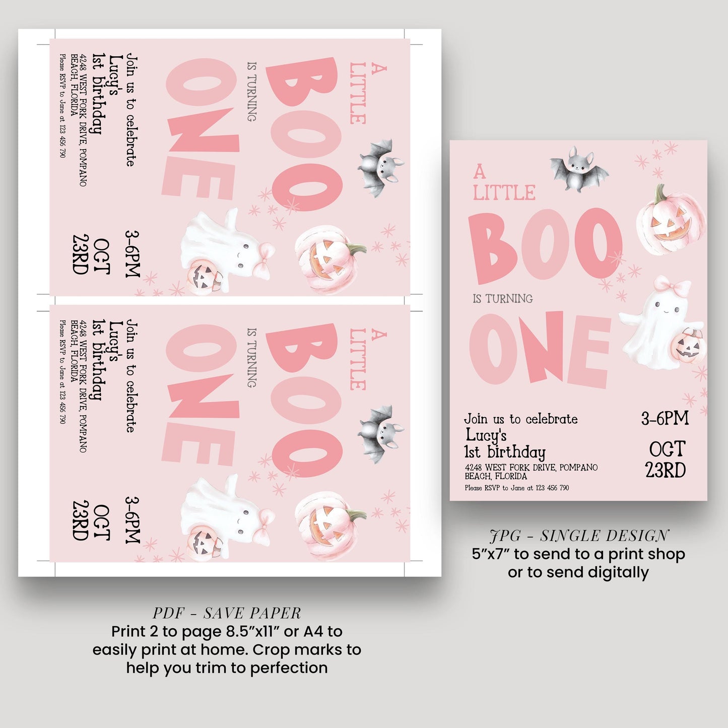 a pink birthday invitation for a "Little Boo" themed party. The invitation features a ghost, pumpkin, and bats, and includes details about the party, such as the date, time, location, and RSVP information.