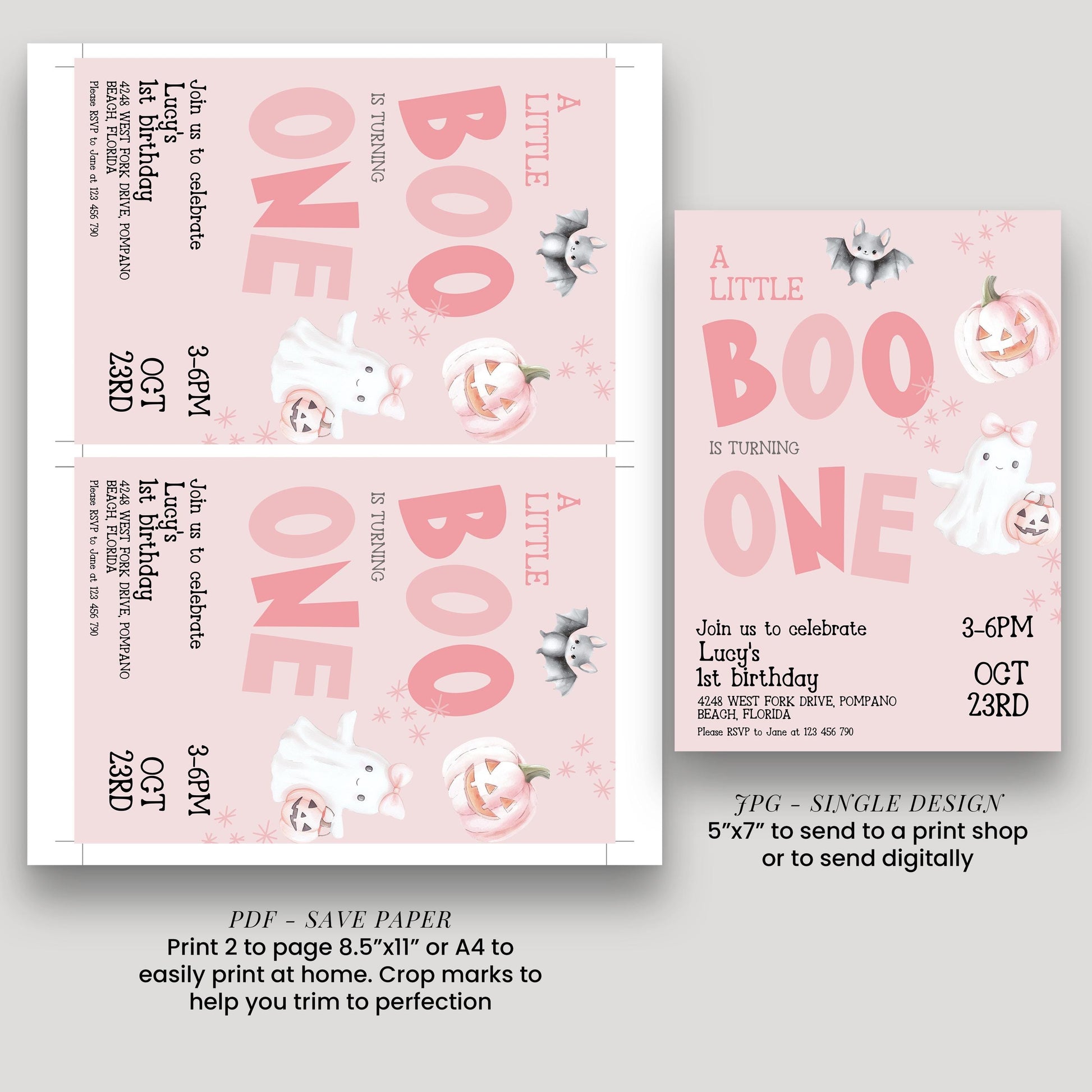 a pink birthday invitation for a "Little Boo" themed party. The invitation features a ghost, pumpkin, and bats, and includes details about the party, such as the date, time, location, and RSVP information.