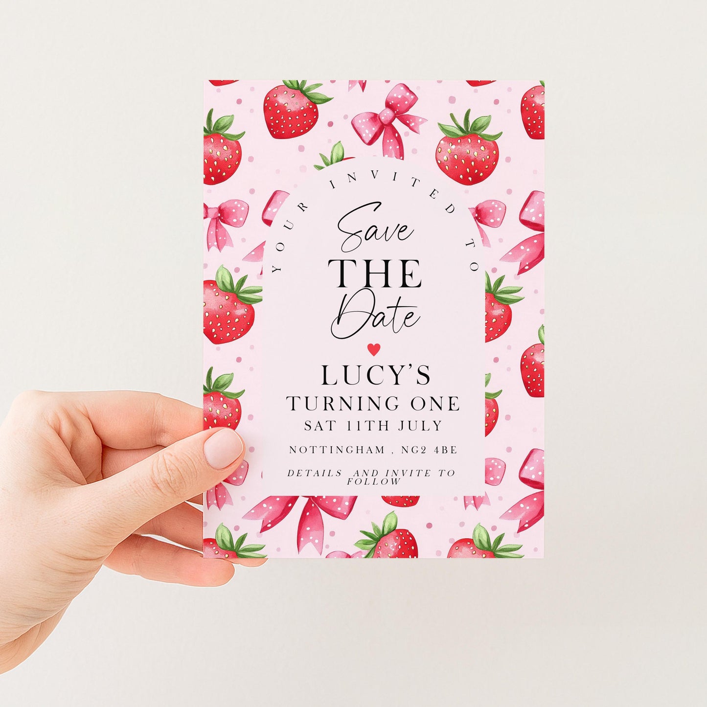 Strawberry Save the Date Card Editable Template Girl Birthday Invite Corjl Pink Fruit Party Sweet One 1st Birthday Printable ST17
