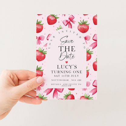Strawberry Save the Date Card Editable Template Girl Birthday Invite Corjl Pink Fruit Party Sweet One 1st Birthday Printable ST17