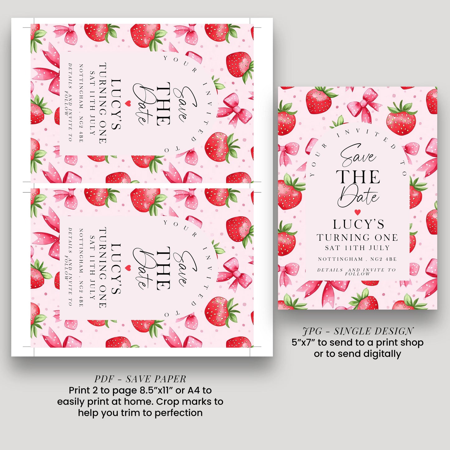 Strawberry Save the Date Card Editable Template Girl Birthday Invite Corjl Pink Fruit Party Sweet One 1st Birthday Printable ST17