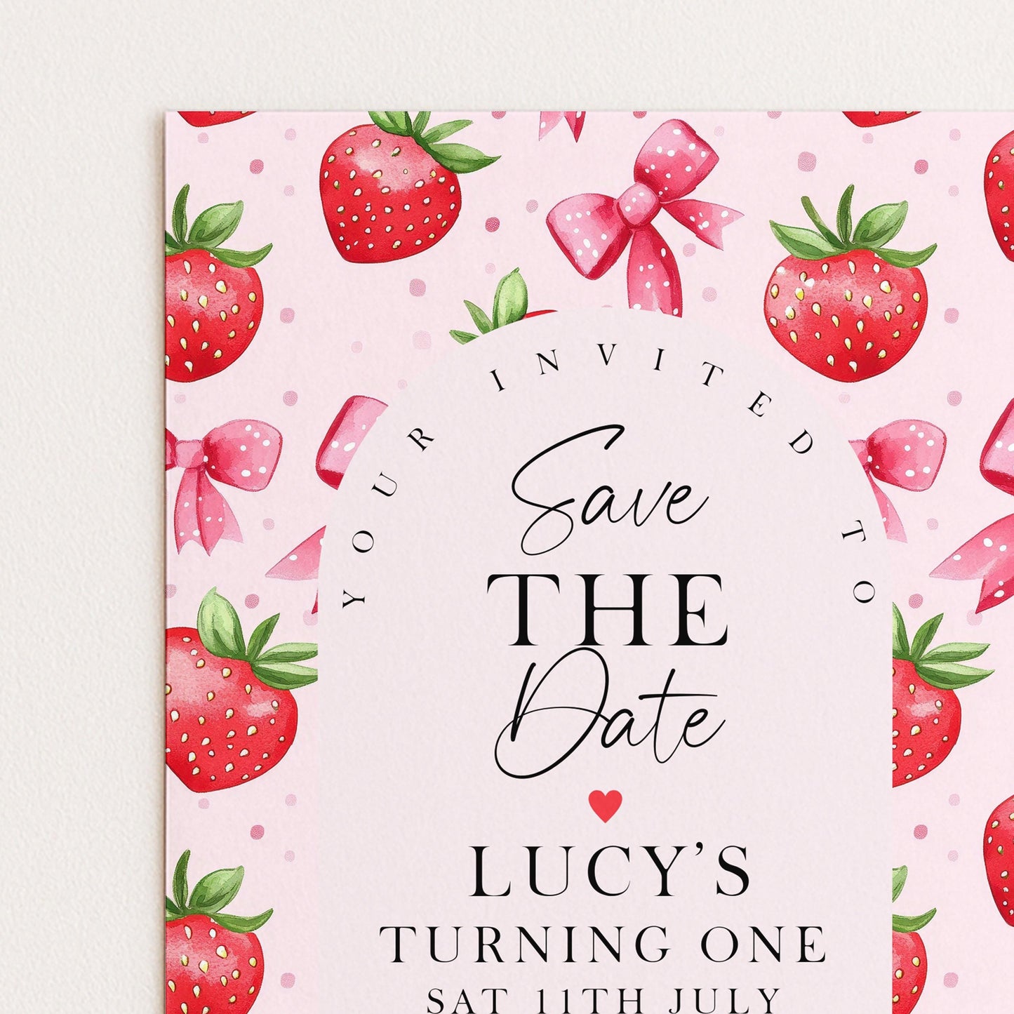 Strawberry Save the Date Card Editable Template Girl Birthday Invite Corjl Pink Fruit Party Sweet One 1st Birthday Printable ST17