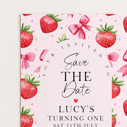 Strawberry Save the Date Card Editable Template Girl Birthday Invite Corjl Pink Fruit Party Sweet One 1st Birthday Printable ST17