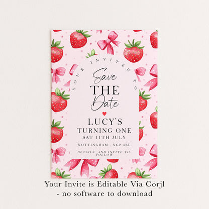 Strawberry Save the Date Card Editable Template Girl Birthday Invite Corjl Pink Fruit Party Sweet One 1st Birthday Printable ST17