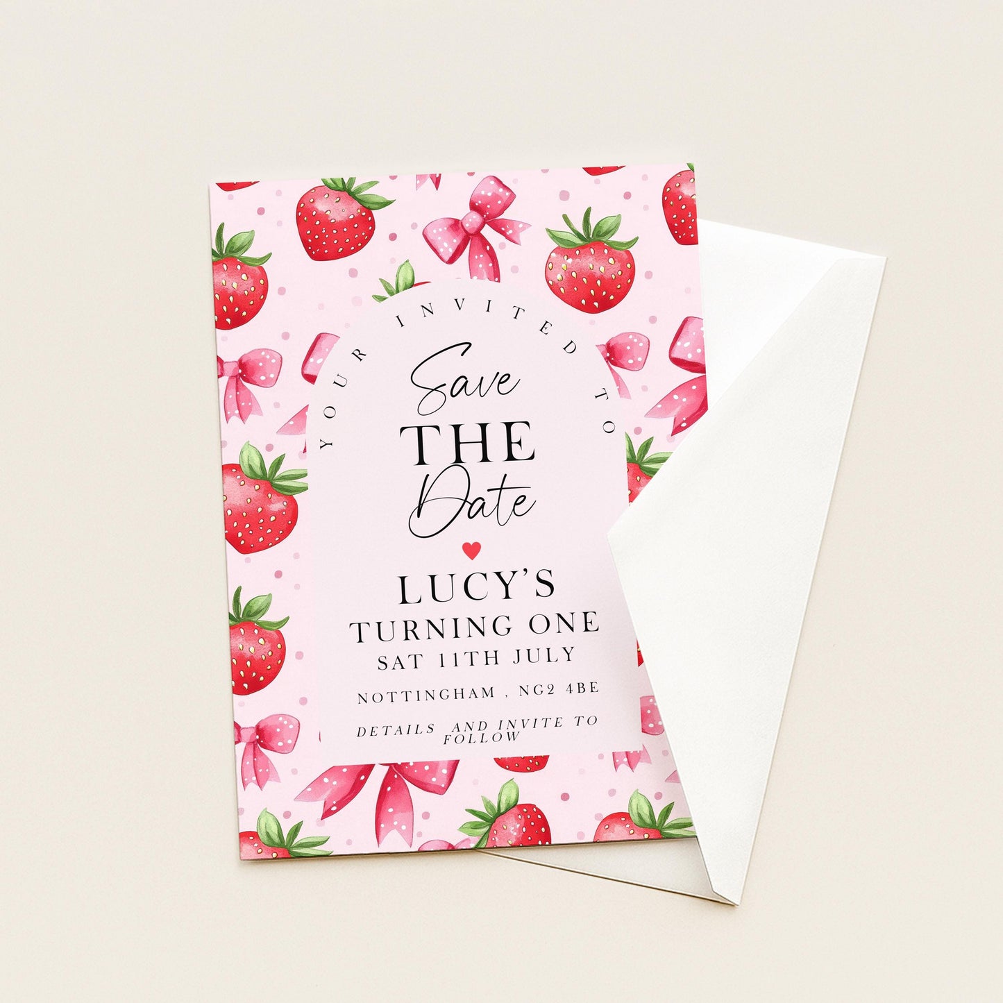 Strawberry Save the Date Card Editable Template Girl Birthday Invite Corjl Pink Fruit Party Sweet One 1st Birthday Printable ST17