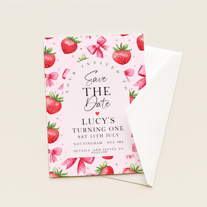 Strawberry Save the Date Card Editable Template Girl Birthday Invite Corjl Pink Fruit Party Sweet One 1st Birthday Printable ST17