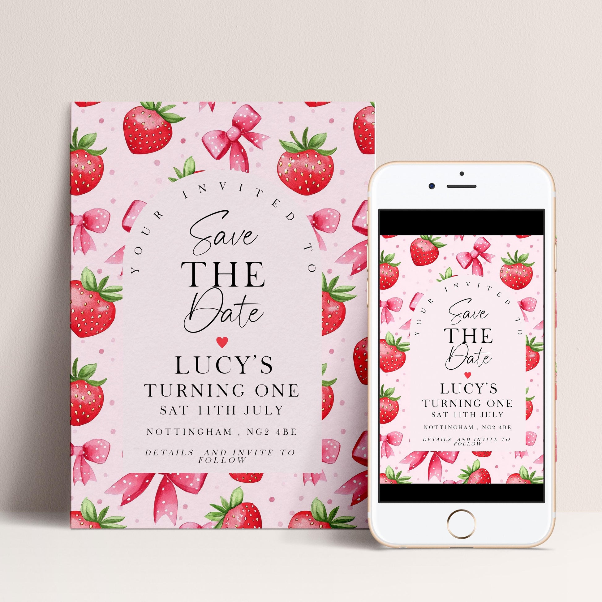 Strawberry Save the Date Card Editable Template Girl Birthday Invite Corjl Pink Fruit Party Sweet One 1st Birthday Printable ST17