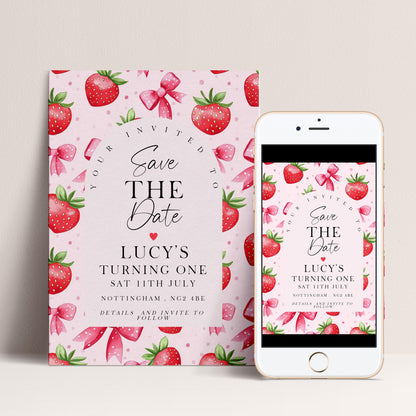 Strawberry Save the Date Card Editable Template Girl Birthday Invite Corjl Pink Fruit Party Sweet One 1st Birthday Printable ST17