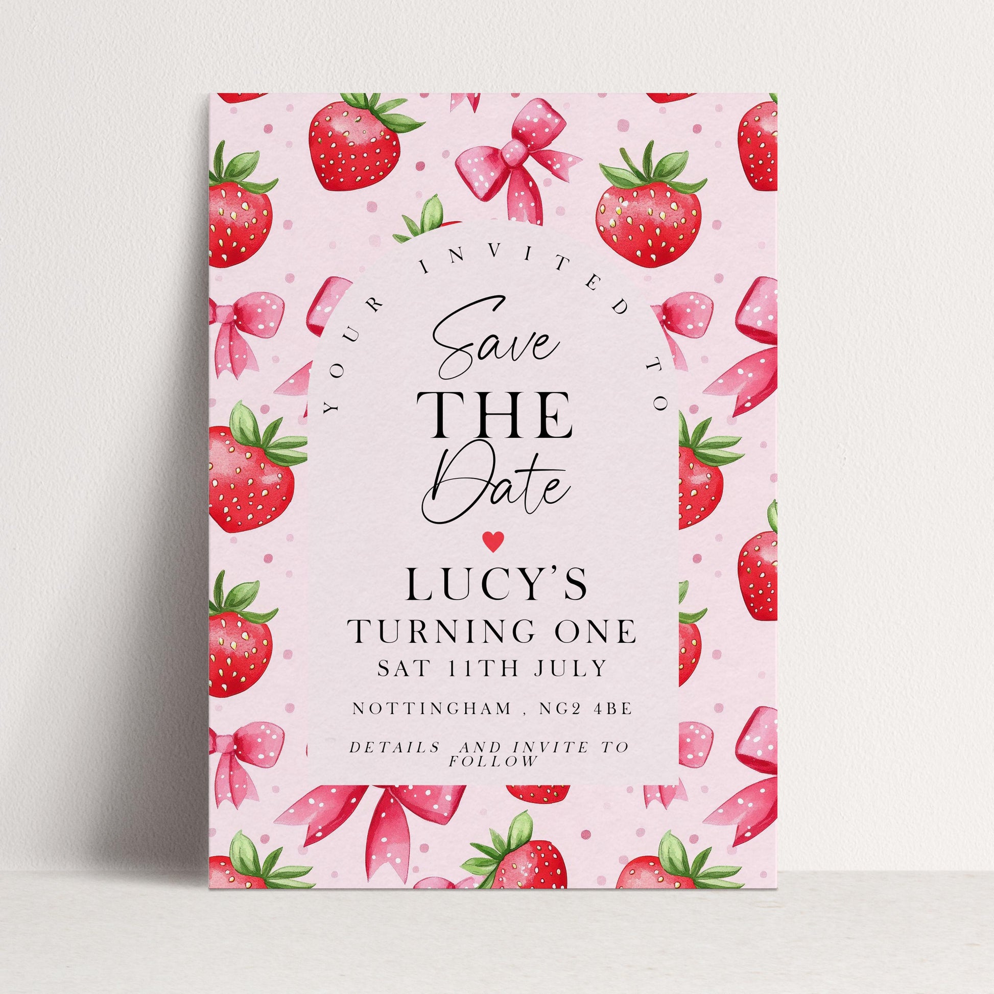 Strawberry Save the Date Card Editable Template Girl Birthday Invite Corjl Pink Fruit Party Sweet One 1st Birthday Printable ST17