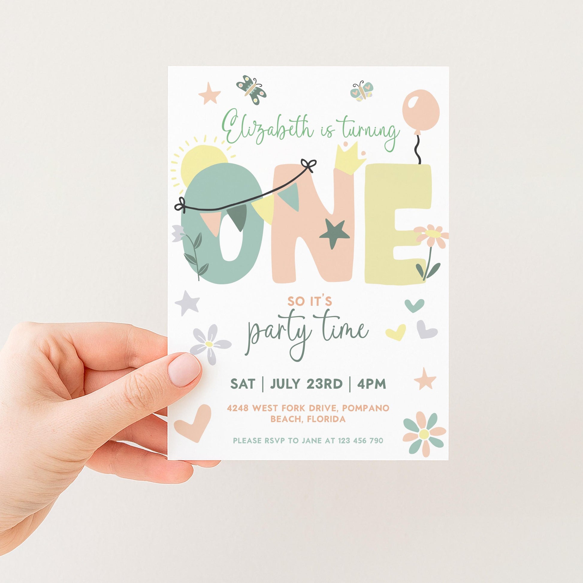 Summer 1st Birthday Invitation Template Editable Downloadable Pastel Invite For One Year Party Celebration Invite Digital Download