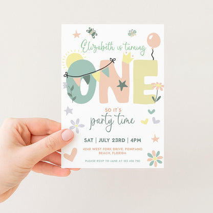 Summer 1st Birthday Invitation Template Editable Downloadable Pastel Invite For One Year Party Celebration Invite Digital Download