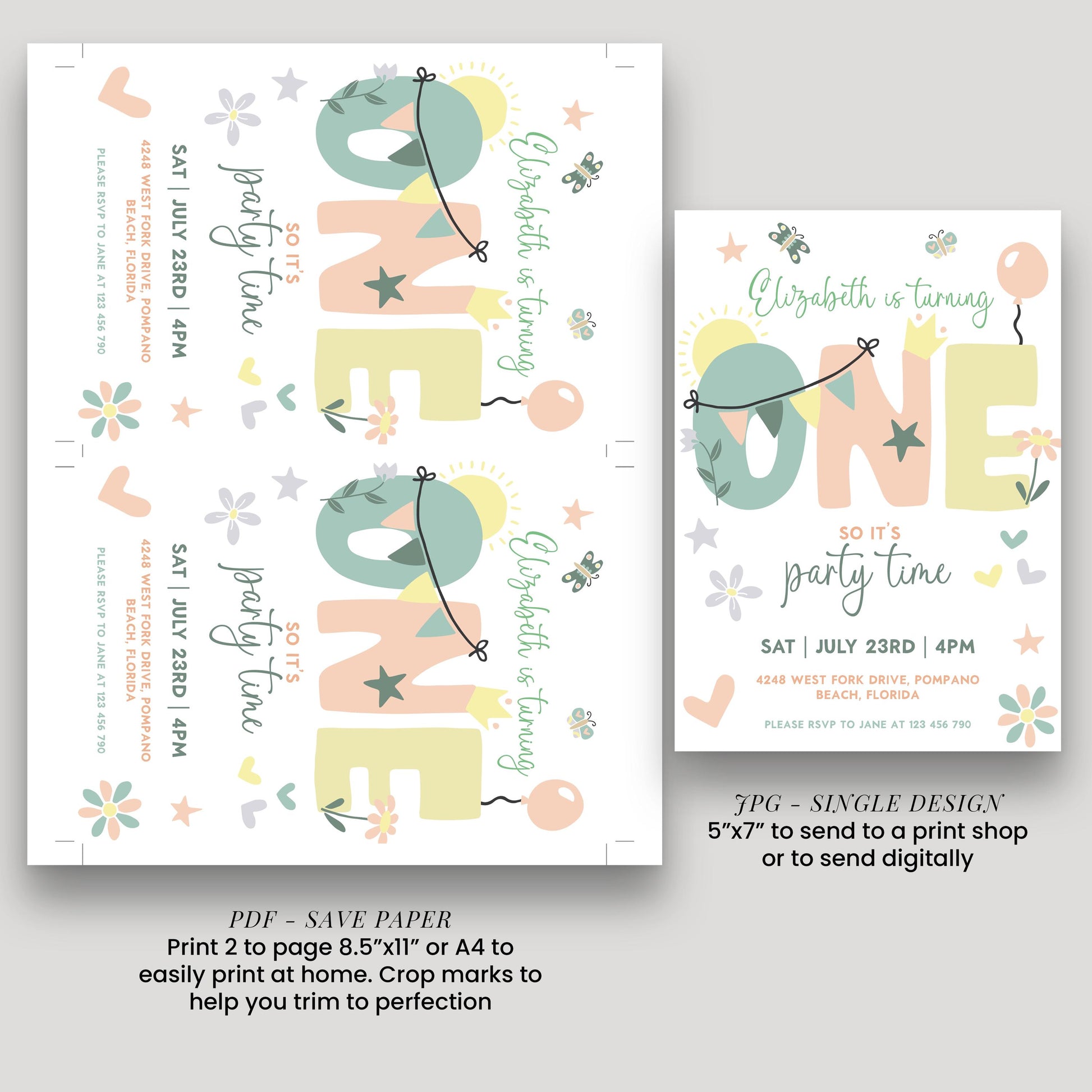 Summer 1st Birthday Invitation Template Editable Downloadable Pastel Invite For One Year Party Celebration Invite Digital Download