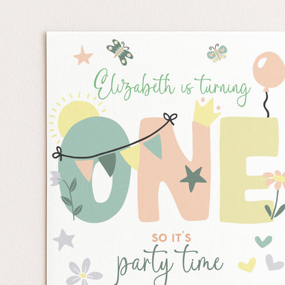 Summer 1st Birthday Invitation Template Editable Downloadable Pastel Invite For One Year Party Celebration Invite Digital Download