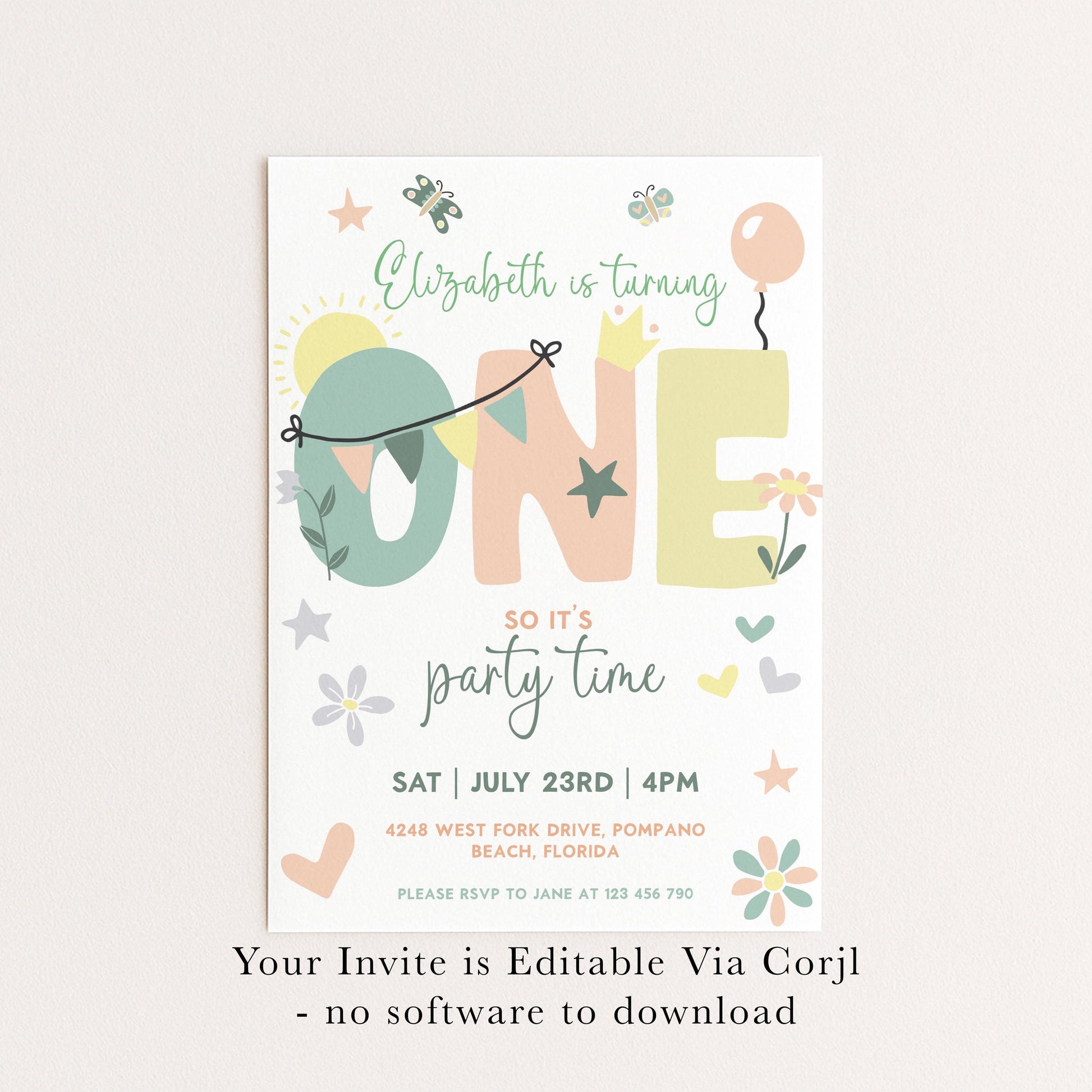 Summer 1st Birthday Invitation Template Editable Downloadable Pastel Invite For One Year Party Celebration Invite Digital Download