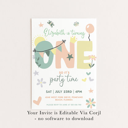Summer 1st Birthday Invitation Template Editable Downloadable Pastel Invite For One Year Party Celebration Invite Digital Download