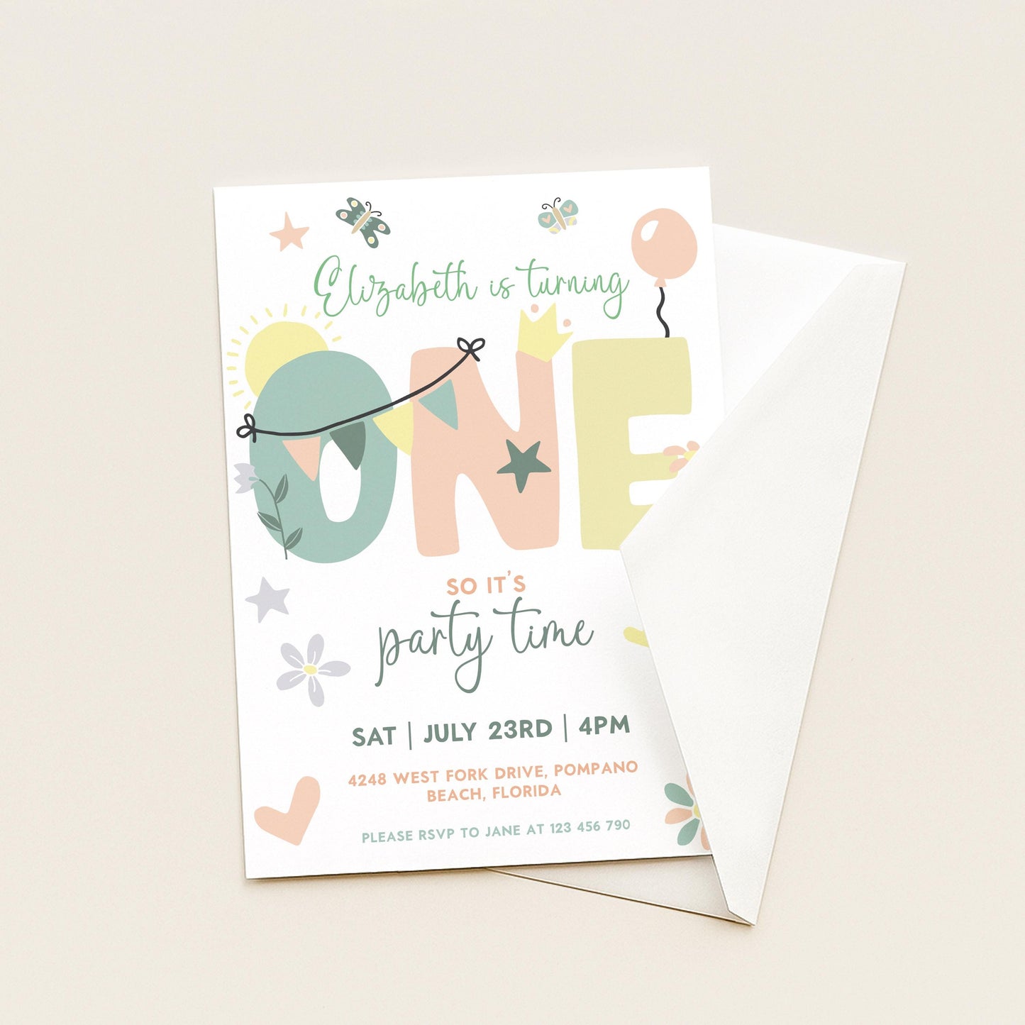 Summer 1st Birthday Invitation Template Editable Downloadable Pastel Invite For One Year Party Celebration Invite Digital Download