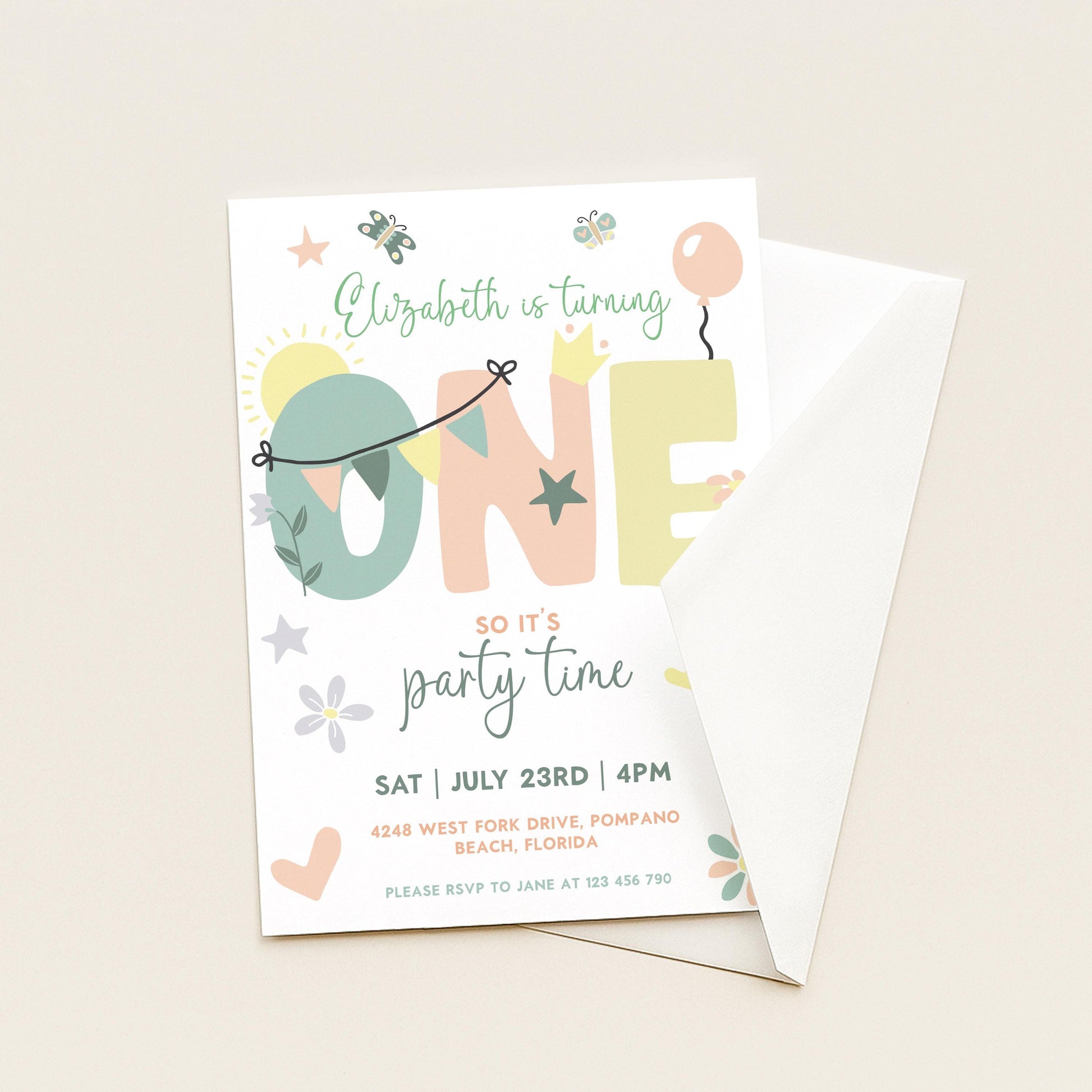 Summer 1st Birthday Invitation Template Editable Downloadable Pastel Invite For One Year Party Celebration Invite Digital Download