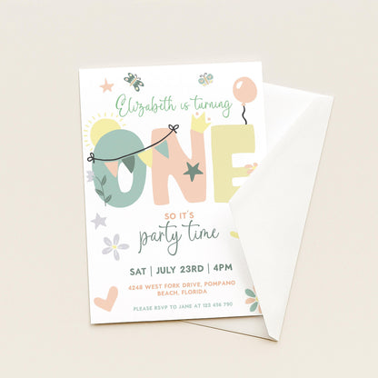 Summer 1st Birthday Invitation Template Editable Downloadable Pastel Invite For One Year Party Celebration Invite Digital Download