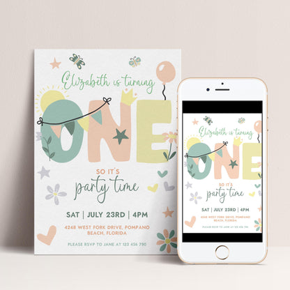 Summer 1st Birthday Invitation Template Editable Downloadable Pastel Invite For One Year Party Celebration Invite Digital Download