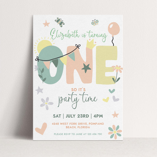 Summer 1st Birthday Invitation Template Editable Downloadable Pastel Invite For One Year Party Celebration Invite Digital Download