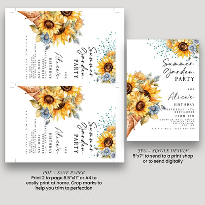 Sunflower Summer Garden Party Invitation, Editable Birthday Invite, Floral Corjl Template for Outdoor Celebration, Printable Event Card
