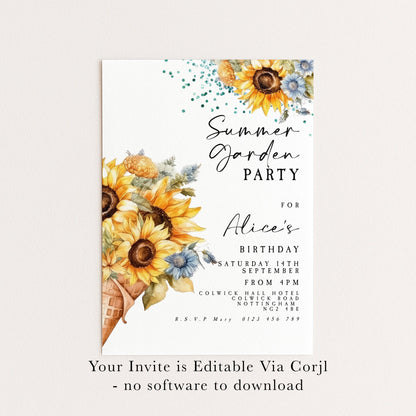 Sunflower Summer Garden Party Invitation, Editable Birthday Invite, Floral Corjl Template for Outdoor Celebration, Printable Event Card