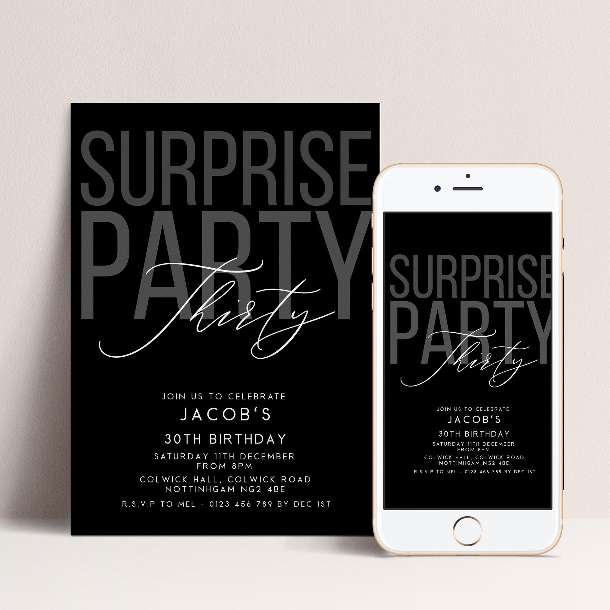 Surprise 30th Birthday Invitation, Editable Black Surprise Party Invite, Mens Adult Invitation Template, 30th BirthdayPrintable Template