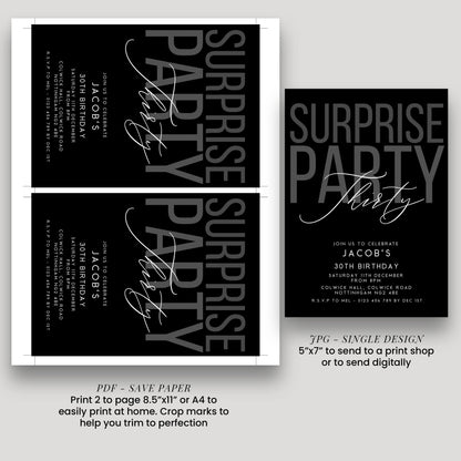 Surprise 30th Birthday Invitation, Editable Black Surprise Party Invite, Mens Adult Invitation Template, 30th BirthdayPrintable Template
