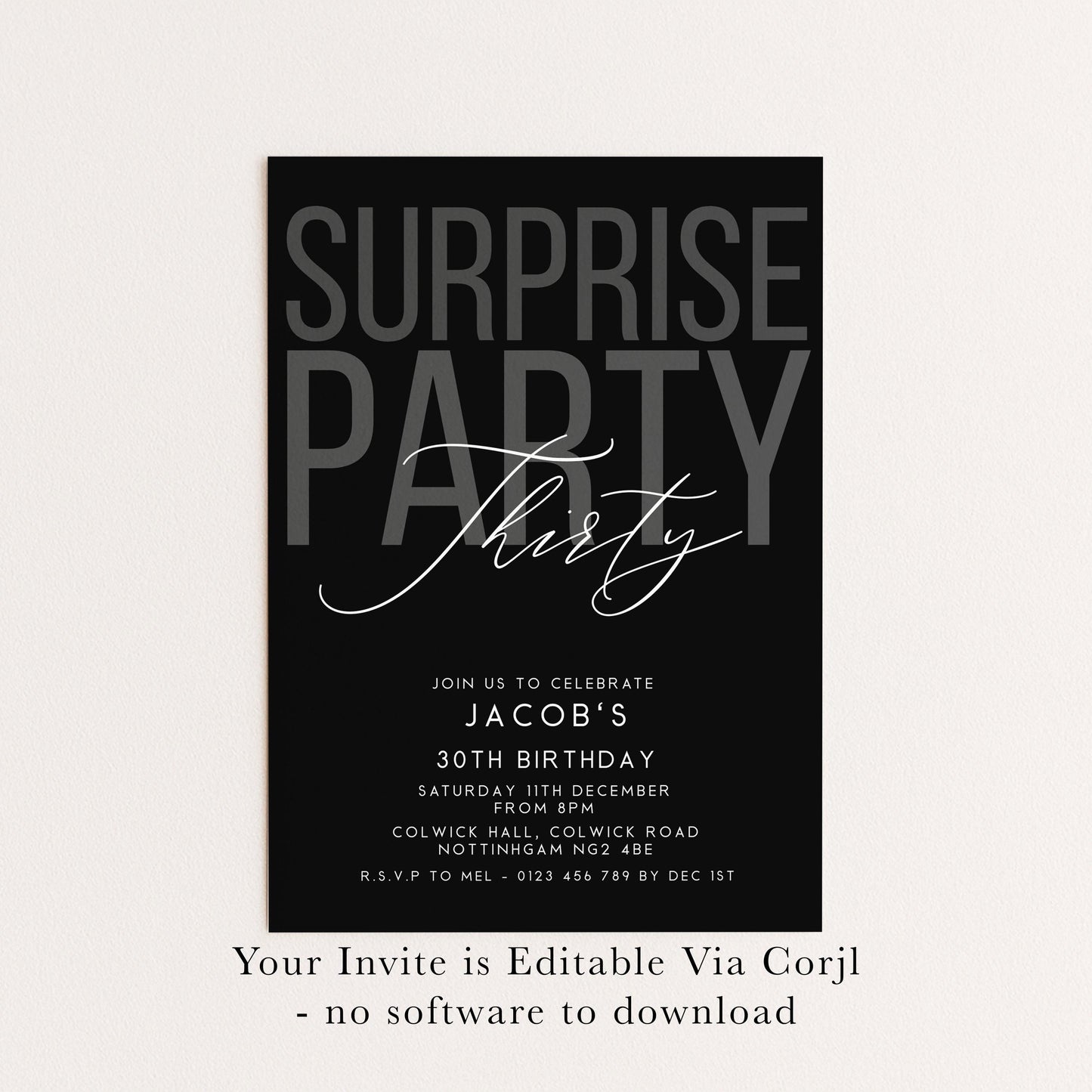 Surprise 30th Birthday Invitation, Editable Black Surprise Party Invite, Mens Adult Invitation Template, 30th BirthdayPrintable Template