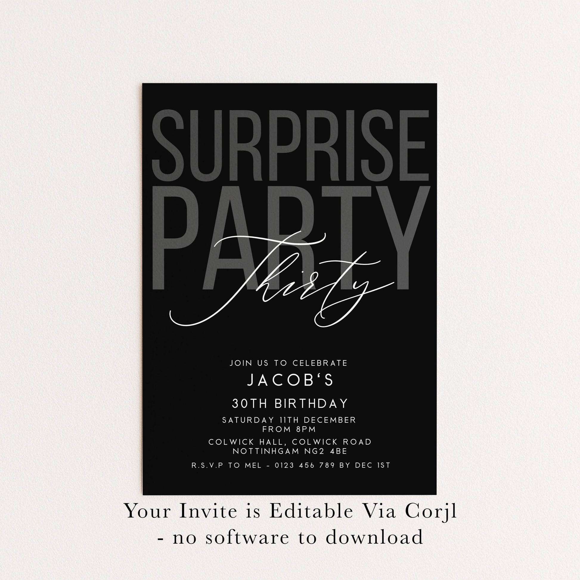Surprise 30th Birthday Invitation, Editable Black Surprise Party Invite, Mens Adult Invitation Template, 30th BirthdayPrintable Template
