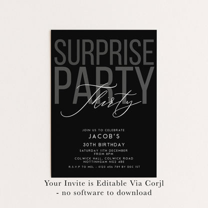 Surprise 30th Birthday Invitation, Editable Black Surprise Party Invite, Mens Adult Invitation Template, 30th BirthdayPrintable Template