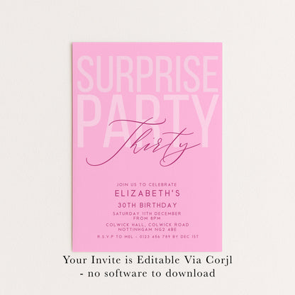 Surprise 30th Birthday Invitation, Editable Pink Surprise Party Invite, Women's Adult Invitation Template, 30th BirthdayPrintable Template
