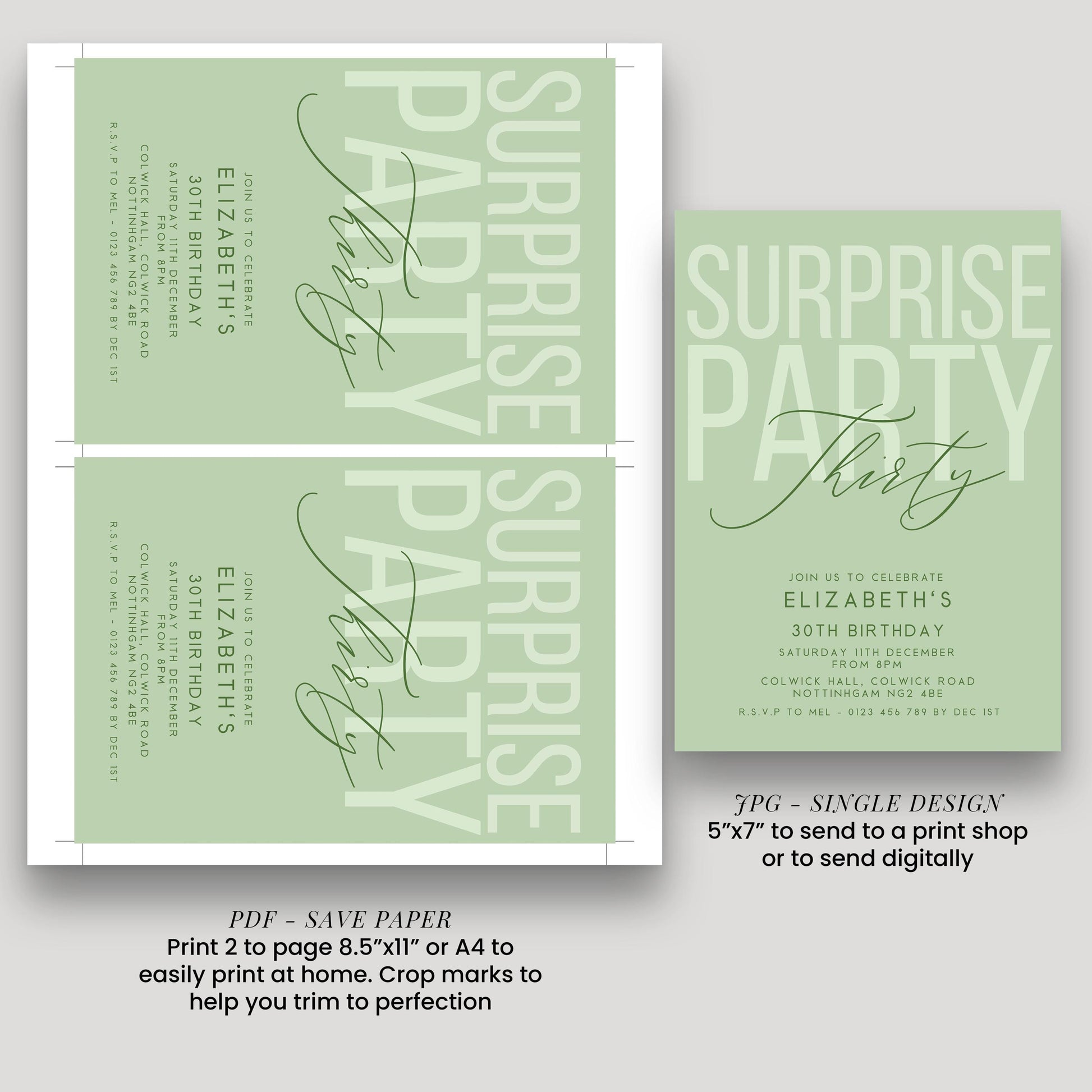 Surprise 30th Birthday Invitation, Editable Sage Surprise Party Invite, Unisex Adult Invitation Template, 30th BirthdayPrintable Template