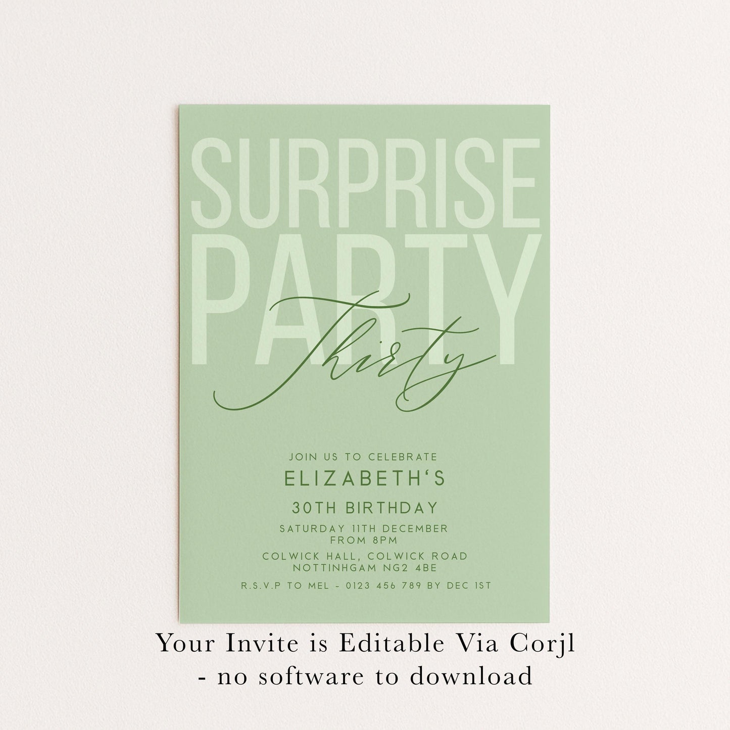 Surprise 30th Birthday Invitation, Editable Sage Surprise Party Invite, Unisex Adult Invitation Template, 30th BirthdayPrintable Template