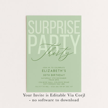 Surprise 30th Birthday Invitation, Editable Sage Surprise Party Invite, Unisex Adult Invitation Template, 30th BirthdayPrintable Template