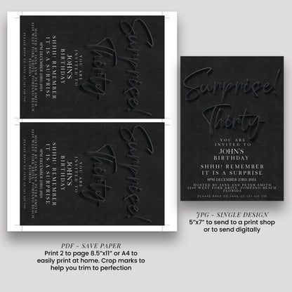 The image is a black and white photo of a birthday invitation card with text and graphics.
