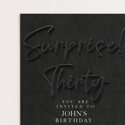 The image is a birthday invitation card with the text "Surprise! Thirty" and "You are invited to John's Birthday".