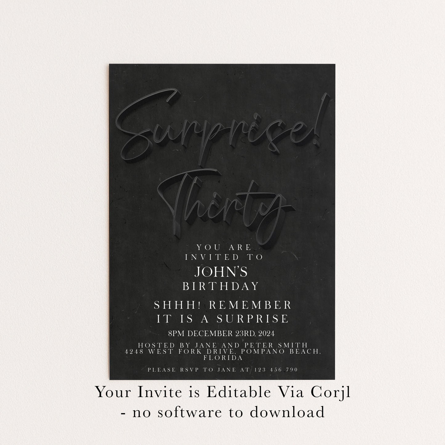 The image is a birthday party invitation for John's thirty birthday.