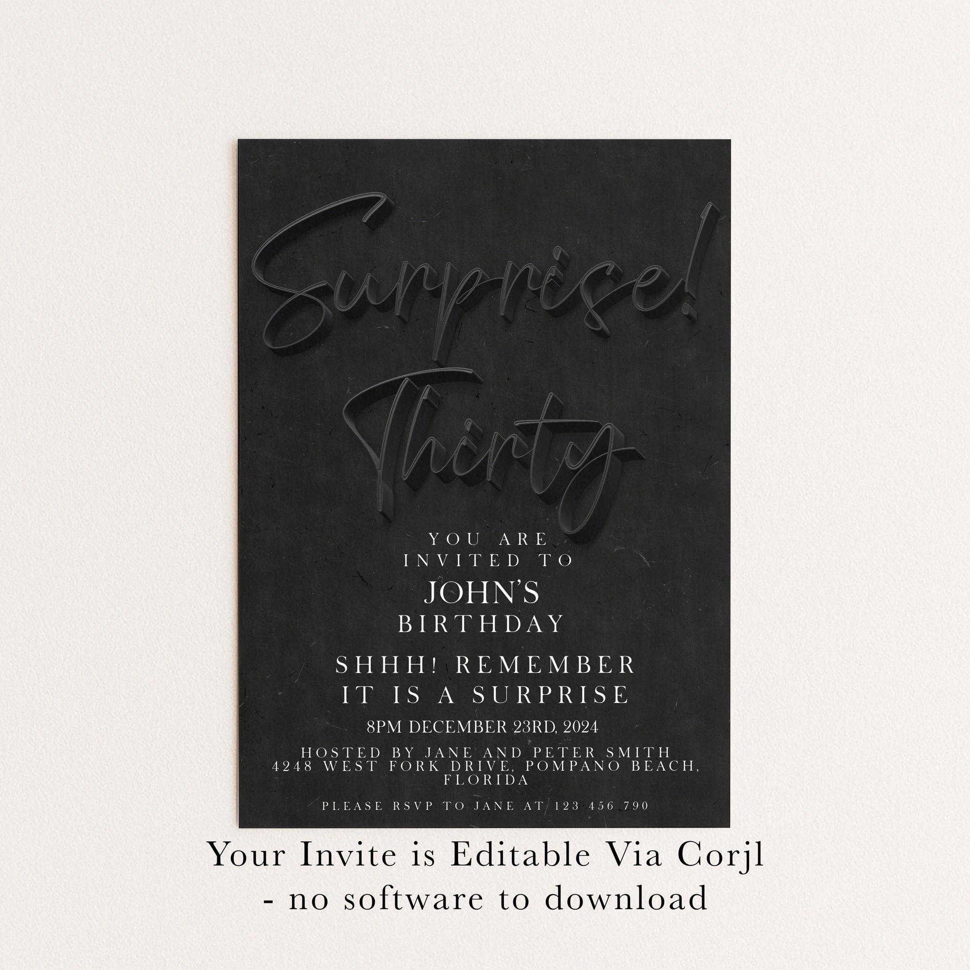 The image is a birthday party invitation for John's thirty birthday.