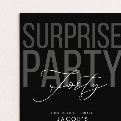 Surprise 40th Birthday Invitation, Editable Black Surprise Party Invite, Mens Adult Invitation Template, 40th BirthdayPrintable Template