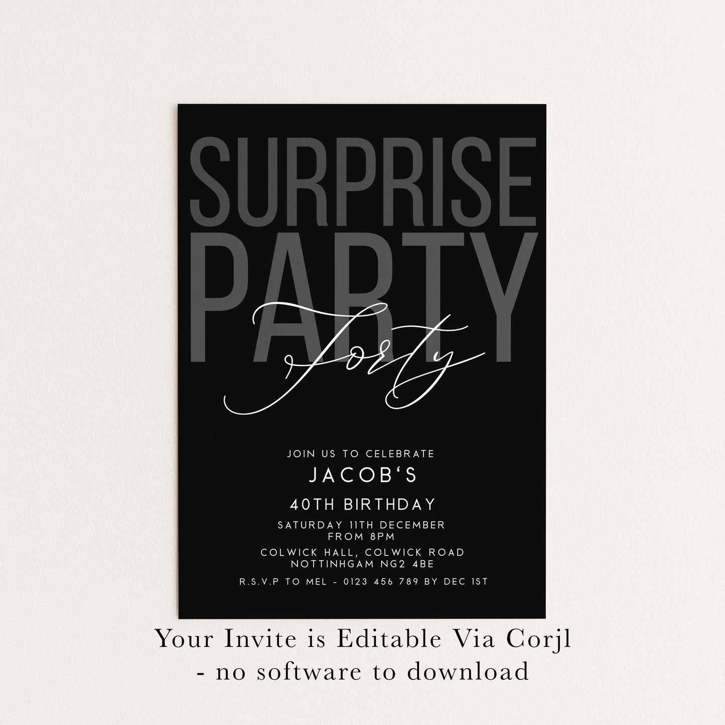 Surprise 40th Birthday Invitation, Editable Black Surprise Party Invite, Mens Adult Invitation Template, 40th BirthdayPrintable Template