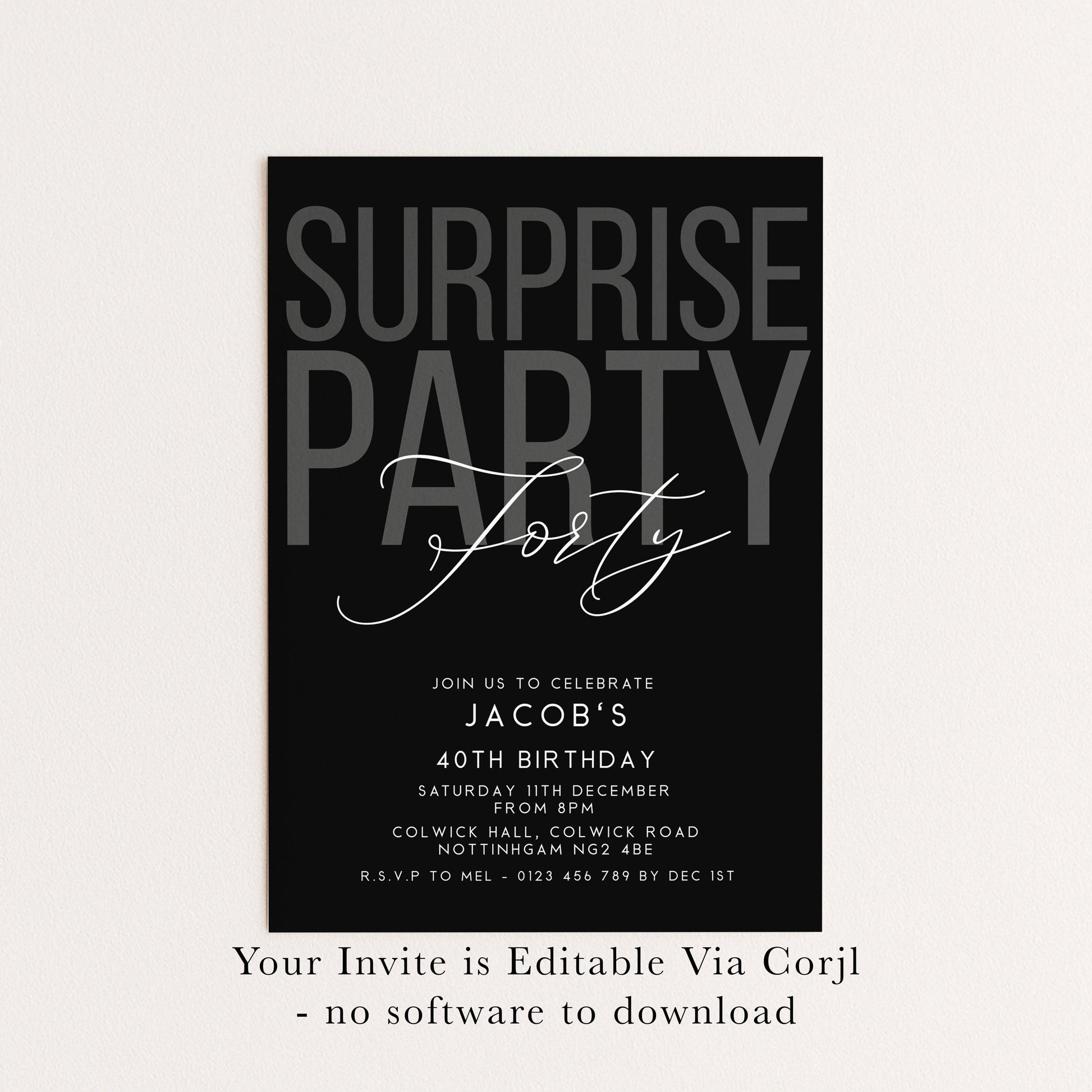Surprise 40th Birthday Invitation, Editable Black Surprise Party Invite, Mens Adult Invitation Template, 40th BirthdayPrintable Template
