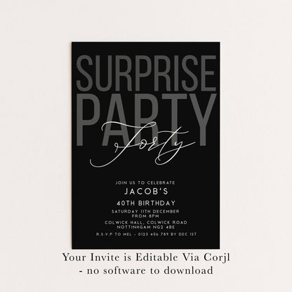 Surprise 40th Birthday Invitation, Editable Black Surprise Party Invite, Mens Adult Invitation Template, 40th BirthdayPrintable Template