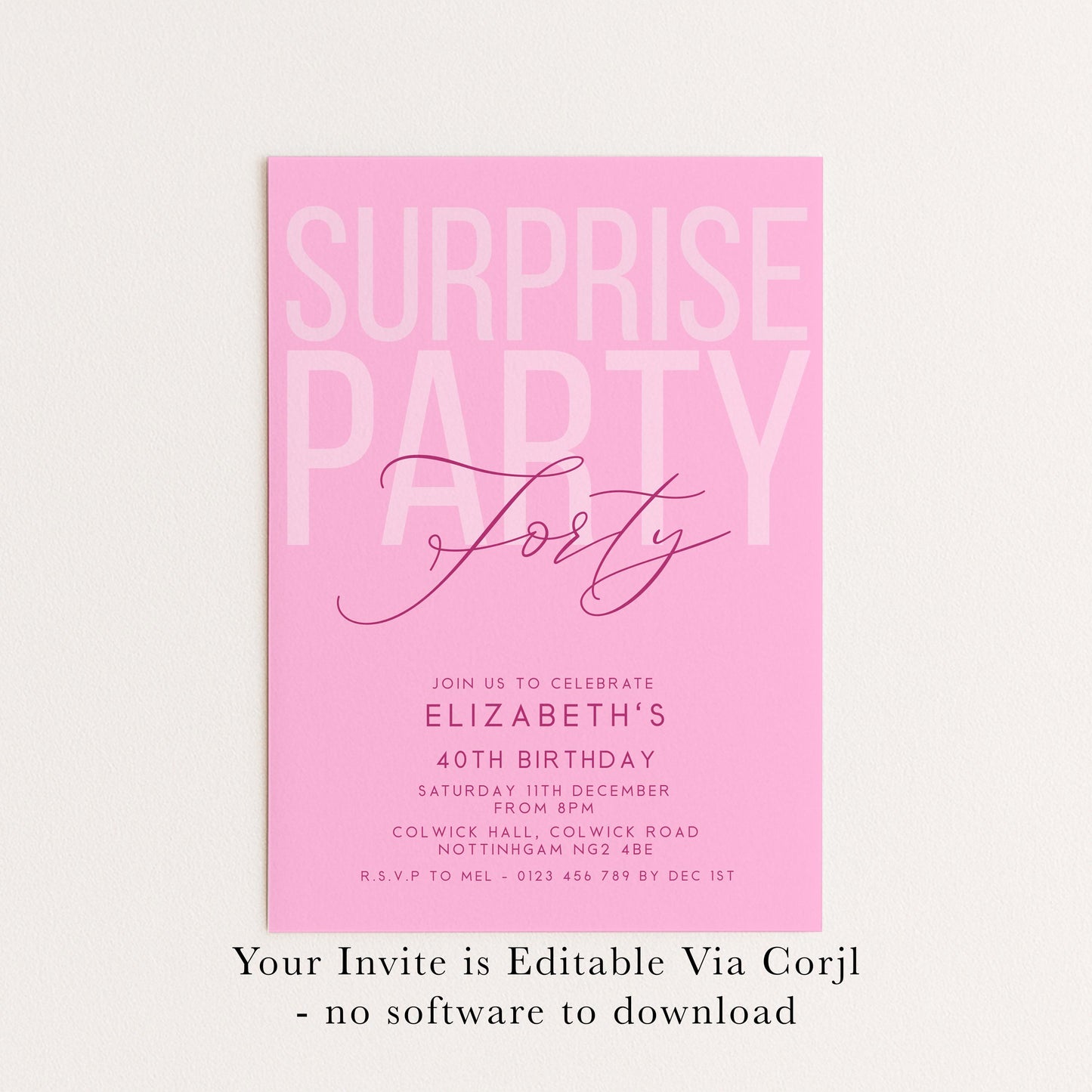 Surprise 40th Birthday Invitation, Editable Pink Surprise Party Invite, Women's Adult Invitation Template, 40th BirthdayPrintable Template