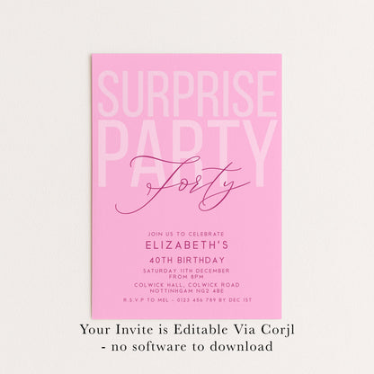 Surprise 40th Birthday Invitation, Editable Pink Surprise Party Invite, Women's Adult Invitation Template, 40th BirthdayPrintable Template